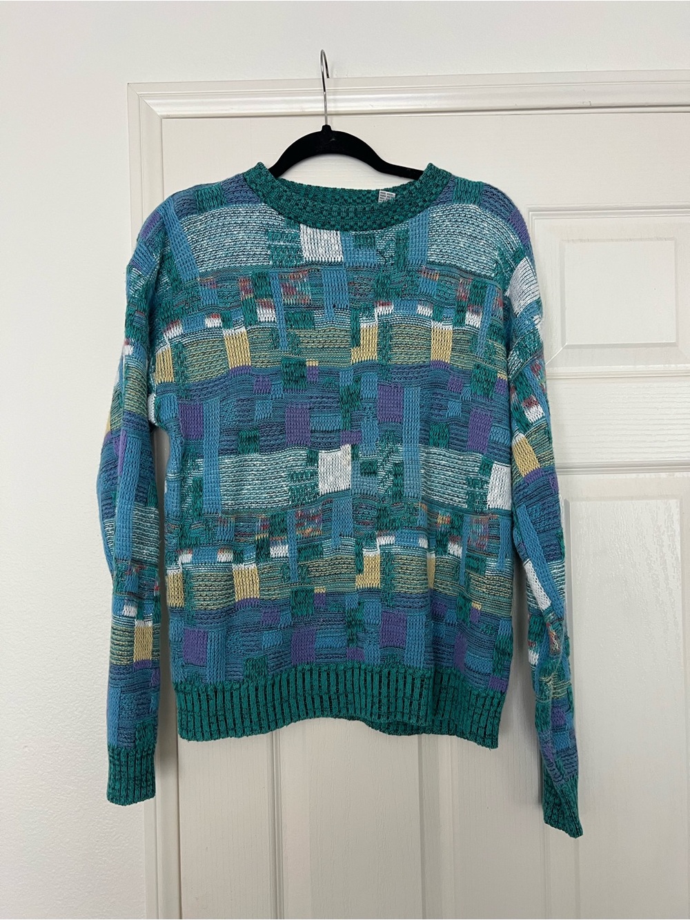 Crewneck Sweater in Teal Multi-Pattern